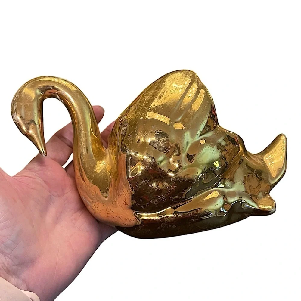 1950s Vintage Gold Swan Jewelry Holder Planter Vase MCM Retro